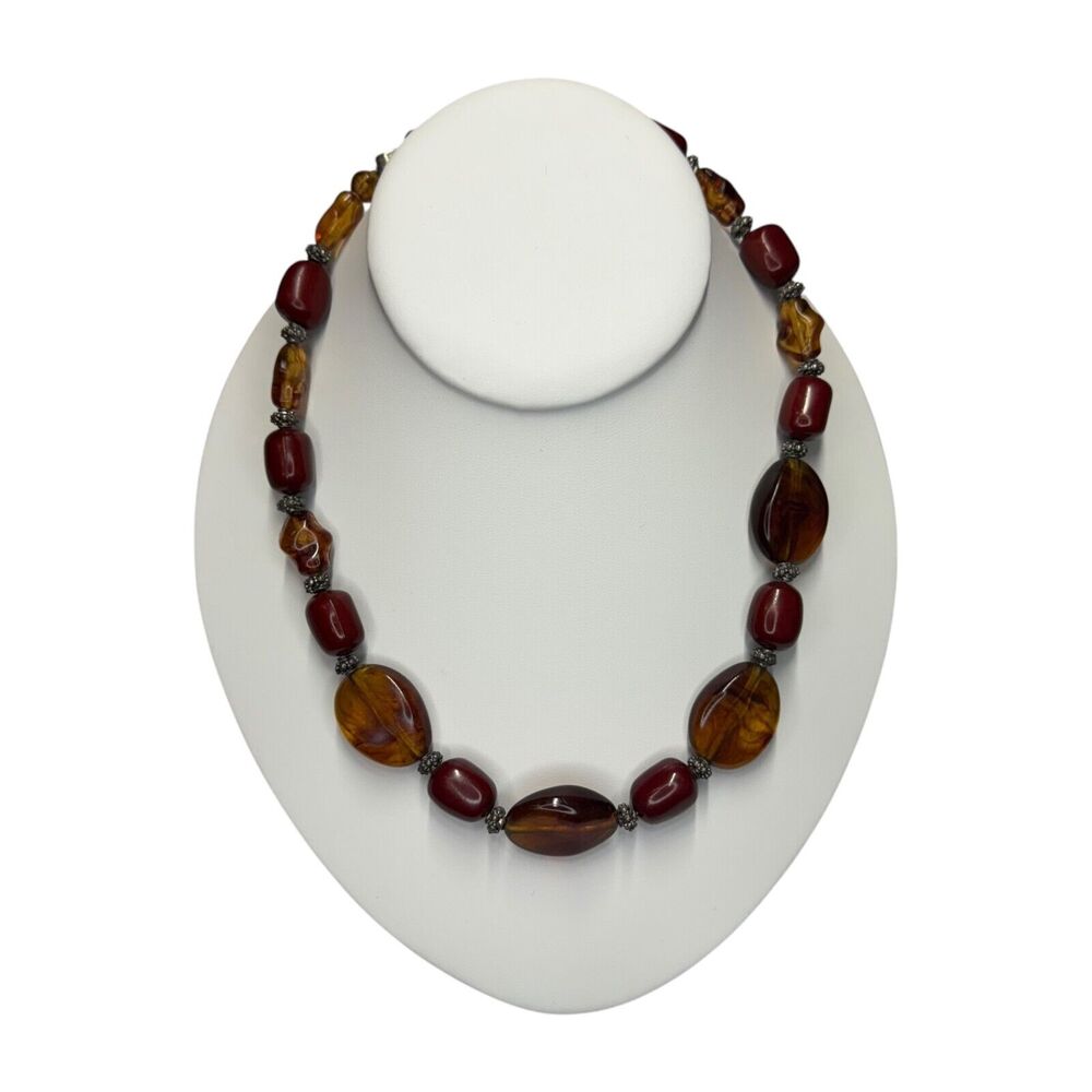 Vintage Beaded Necklace Faux Amber & Red Stones Chunky Boho Statement Jewelry - Picture 2 of 6
